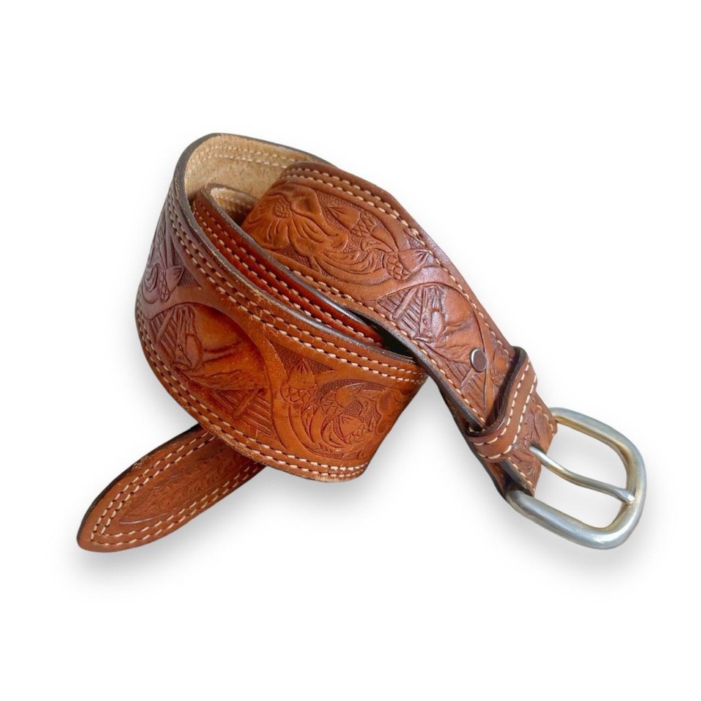Vintage brown tooled leather belt